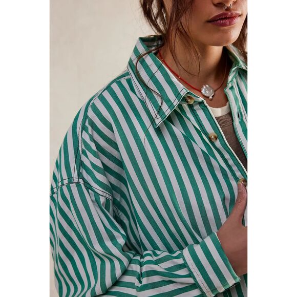 Free People We the Free Freddie Striped Shirt French Green Combo XL NEW - Picture 3 of 8